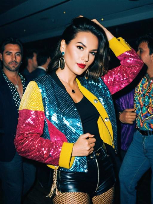 Woman in Colorful Disco Chic Jacket