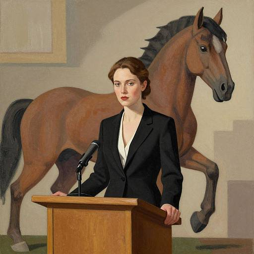 Digital painting of a serious woman in a black blazer, standing at a wooden podium, with a brown horse behind her.