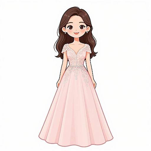 Digital anime-style illustration of a cute, smiling young woman with long brown hair, wearing a pink, lace-embellished, V-neck ball gown