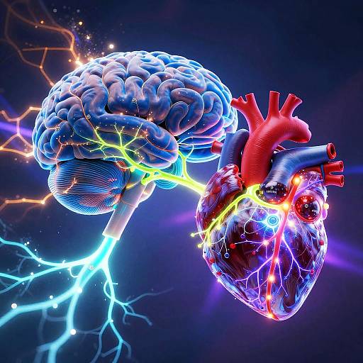 Digital illustration of a glowing, neon-colored brain and heart connected by electric blue and yellow lightning bolts against a dark, cosmic background.