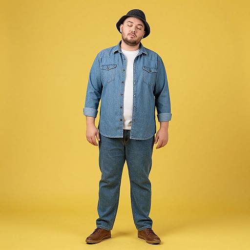 Photograph of a plus-sized Asian man with a beard, wearing a black hat, blue denim shirt, white tee, blue jeans, and brown shoes