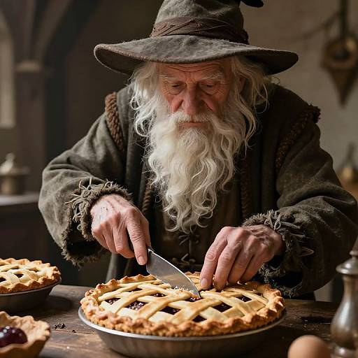 Photograph of an elderly wizard with a long white beard, wearing a brown hat and tattered cloak, cutting a lattice-top pie at a rustic wooden