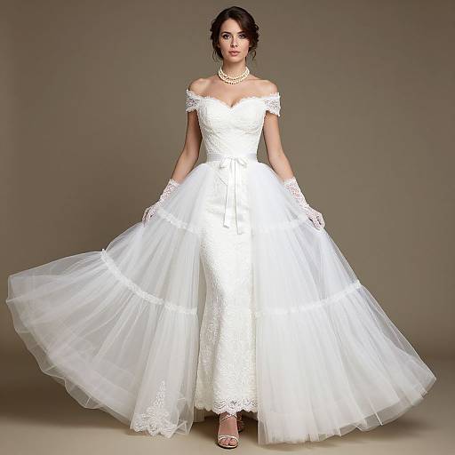 Photograph of a beautiful woman in a white, off-the-shoulder, lace and tulle wedding dress with a full skirt, wearing a pearl