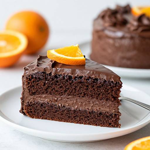 Photograph of a rich, dark chocolate cake slice with a bright orange slice on top, on a white plate, background includes blurred oranges.
