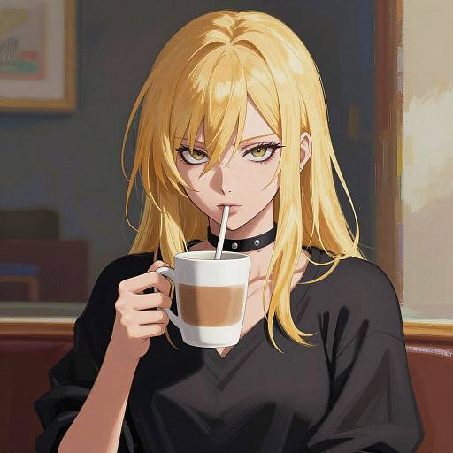 Anime-style digital drawing of a blonde woman with yellow eyes, wearing a black choker and shirt, sipping coffee in a dimly lit café.