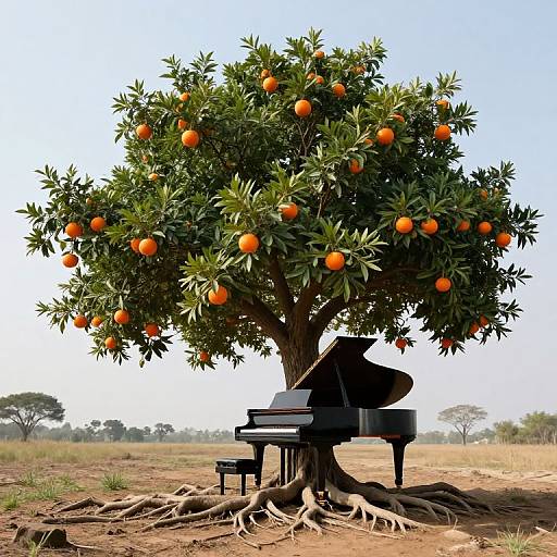 Photograph of a vibrant orange tree with ripe fruit, standing beside a black grand piano in a dry, grassy field.
