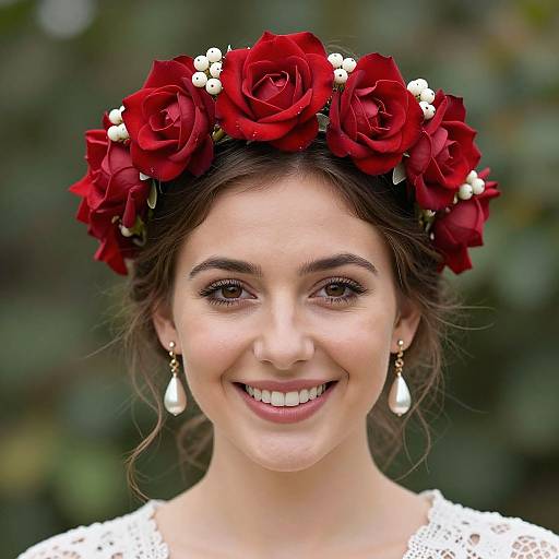 Photograph of a smiling young woman with fair skin, brown eyes, and dark brown hair, wearing a red rose flower crown, white lace dress,
