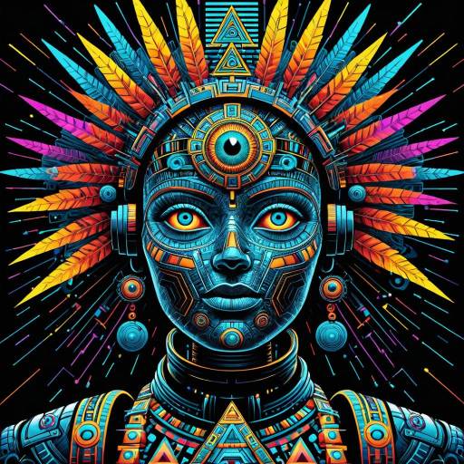 Cybernetic Mayan Female God with Psychedelic Headdress