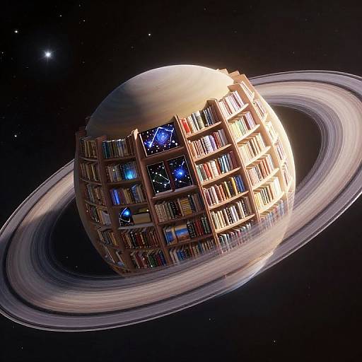 Digital artwork of a book-filled, ringed planet in space, with glowing blue stars and a bright sun-like center, surrounded by swirling rings.