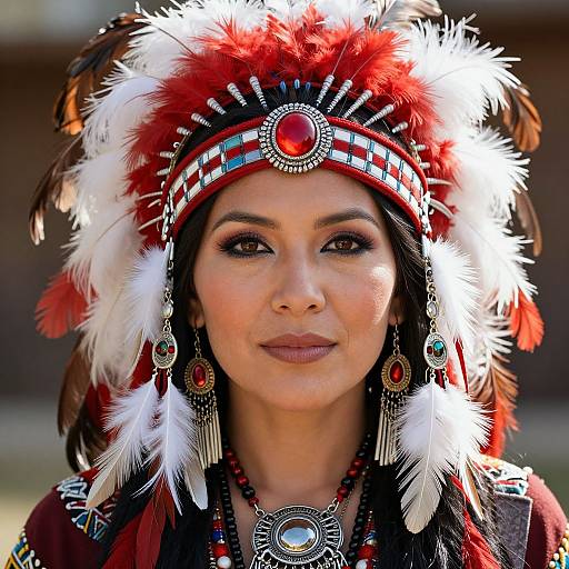 Photograph of a woman with medium brown skin, wearing a vibrant red and white feathered Native American headdress, adorned with silver and red jewelry,