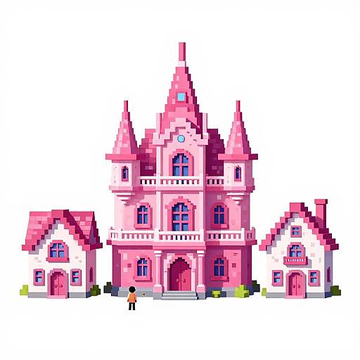Pixel art of a pink, gothic-style castle with three towers, arched windows, and small outbuildings, against a white background.
