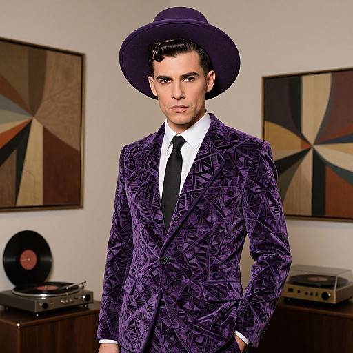 Photorealistic digital art of a handsome man in a vibrant purple patterned suit, black tie, and wide-brimmed hat, standing in a