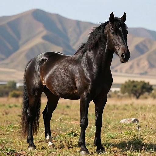 Photograph of a shiny black horse with a long mane standing in a grassy field, mountains in the background under a clear sky.