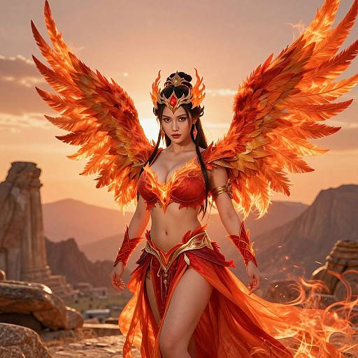 CGI image of a fierce, winged woman in fiery red armor, standing in a sunlit, rocky desert landscape at sunset.