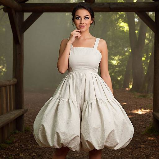 Photograph of a dark-haired woman in a white, puffed-sleeve, A-line dress standing in a misty forest gazebo, touching