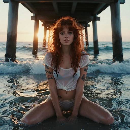 Photograph of a tattooed, red-haired woman in a wet white crop top and beige panties, kneeling in ocean waves under a pier at sunset.