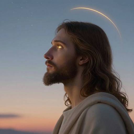Photograph of a bearded, long-haired man with glowing yellow eyes, wearing a gray hoodie, against a twilight sky with a glowing halo.