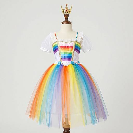 Photograph of a mannequin wearing a colorful rainbow tutu dress with striped bodice, white puffed sleeves, and a small crown on top