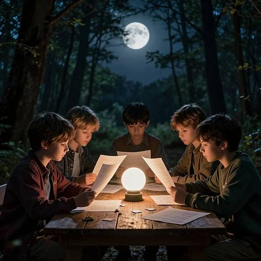 Five boys, illuminated by a glowing lamp, study at night in a forest under a full moon. Photograph.