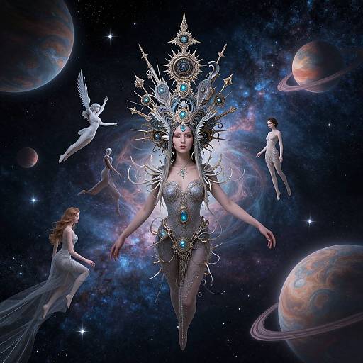Digital art: Ethereal queen with ornate, celestial crown, adorned in glowing blue gems, floats in cosmic space, surrounded by four white angelic