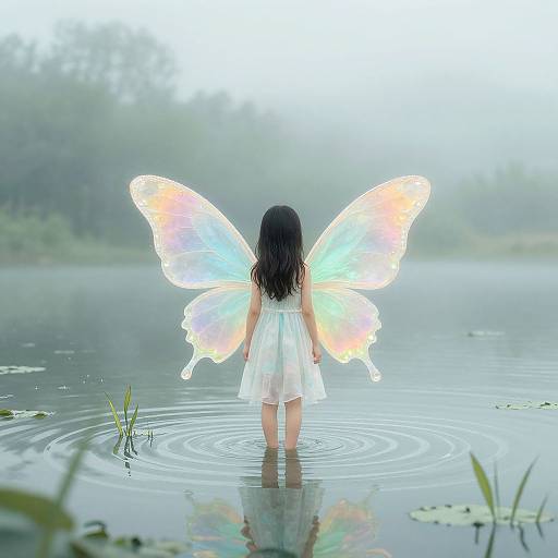 Photograph of a young girl with long black hair, wearing a white dress, standing in a misty lake, with glowing, rainbow-colored butterfly wings