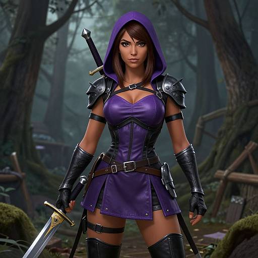Digital art of a fierce, dark-haired warrior woman in purple armor with a hood, standing in a misty forest, holding a sword.