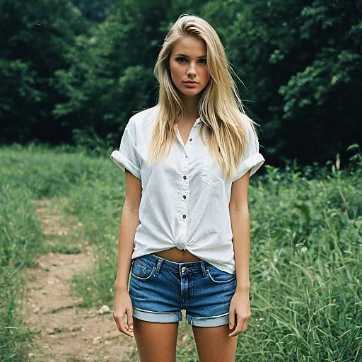 Young Woman in White Shirt and Denim Shorts Outdoors