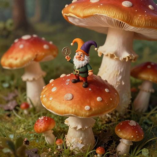Whimsical Jester Gnome on Giant Mushroom
