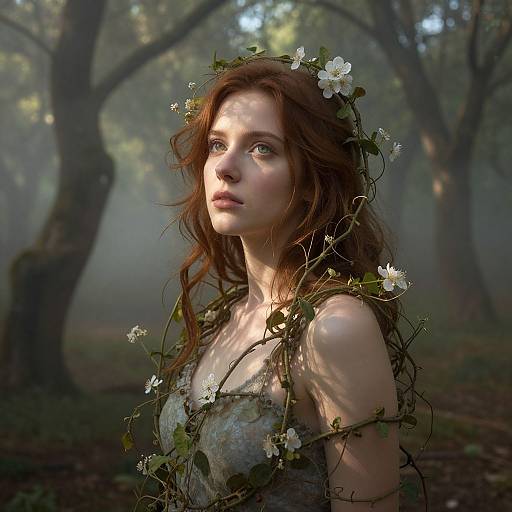 Digital art of a fair-skinned, green-eyed woman with wavy auburn hair, adorned with white flowers and vines, in a misty