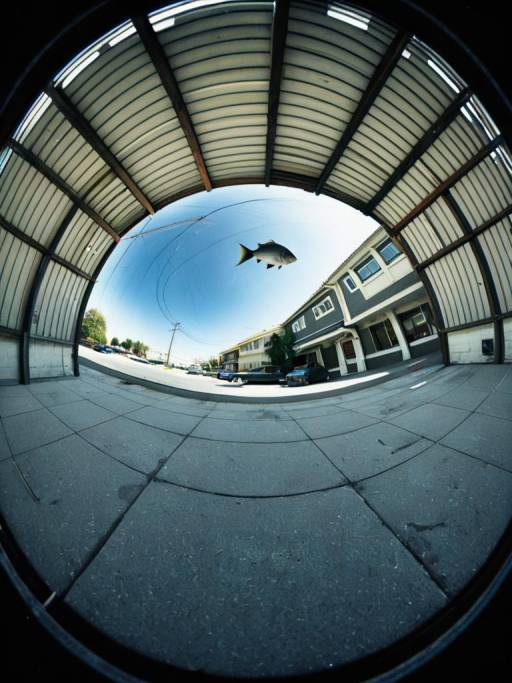 Fisheye View of Urban Street with Hanging Fish Installation