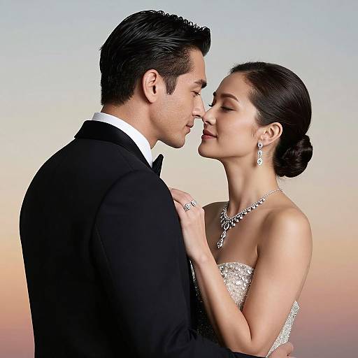 Photographic-style digital image of a handsome man in a black tuxedo and a beautiful woman in a sparkling strapless gown, close and eye-to