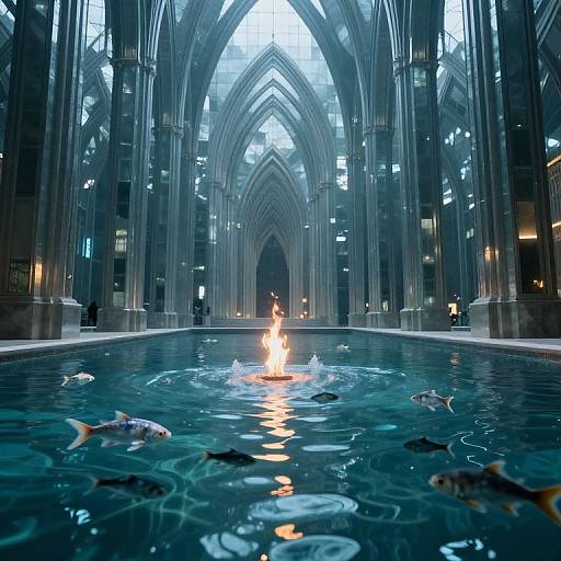 Photograph of a gothic cathedral interior with a central pool, fish swimming, and a small fire burning on the water's surface.