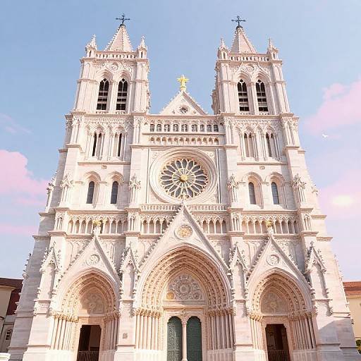 Photograph of a grand Gothic-style cathedral with intricate carvings, two tall towers, a large circular rose window, and a clear blue sky backdrop