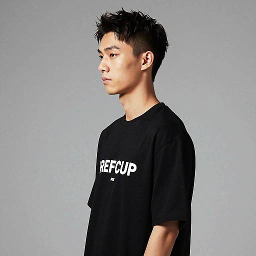 Photograph of an Asian man with short, spiky black hair, wearing a black 