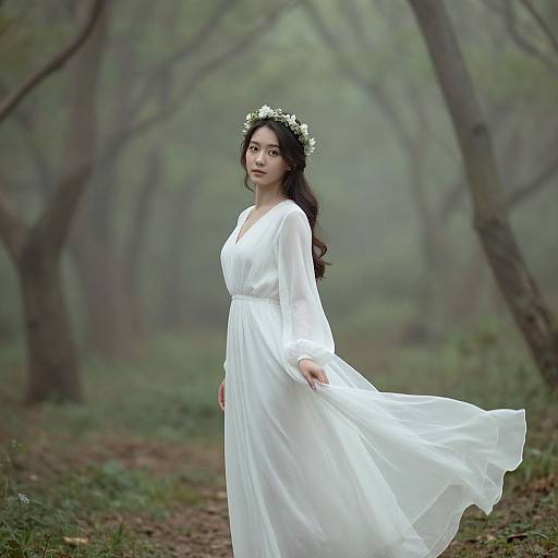 Photograph of an Asian woman with long black hair, wearing a white flowing dress and floral crown, standing in a misty forest.
