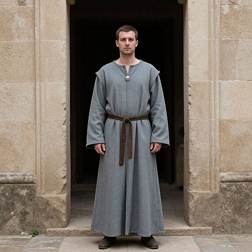Photograph of a Caucasian man with short brown hair, wearing a long, blue, medieval-style tunic with brown belt, standing in a stone doorway