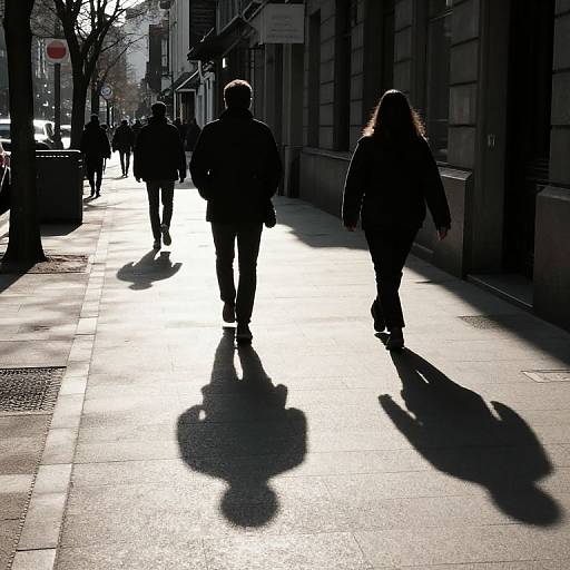 Photograph of silhouetted pedestrians casting long shadows on a sunlit urban sidewalk, with buildings and trees in the background.