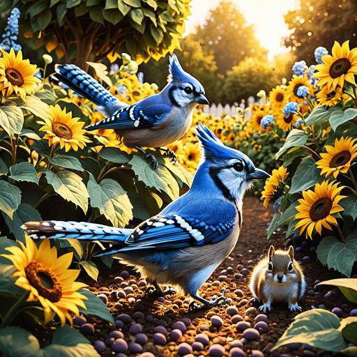 Whimsical Garden Scene with Blue Jay and Squirrel