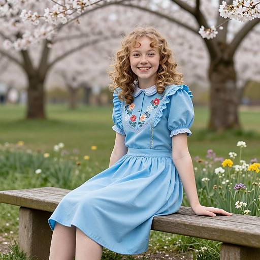 Photograph of a smiling young girl with curly blonde hair, wearing a blue dress with floral embroidery, sitting on a wooden bench in a blooming park