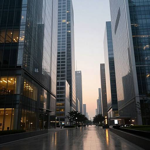 Reflective Skyscrapers in Serene Urban Corridor