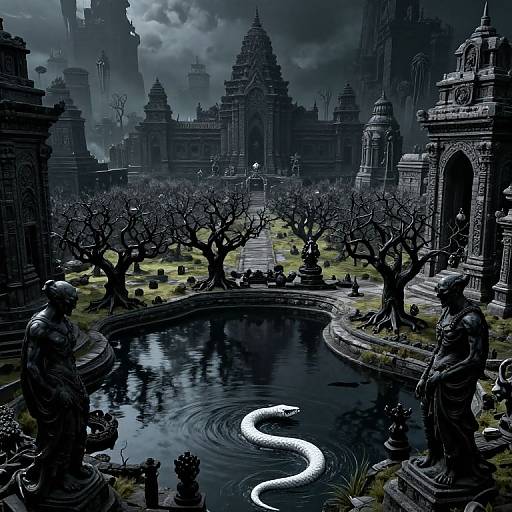 Digital art of a dark, gothic temple city with black statues, leafless trees, a winding snake in a reflective pond, and eerie, cloudy