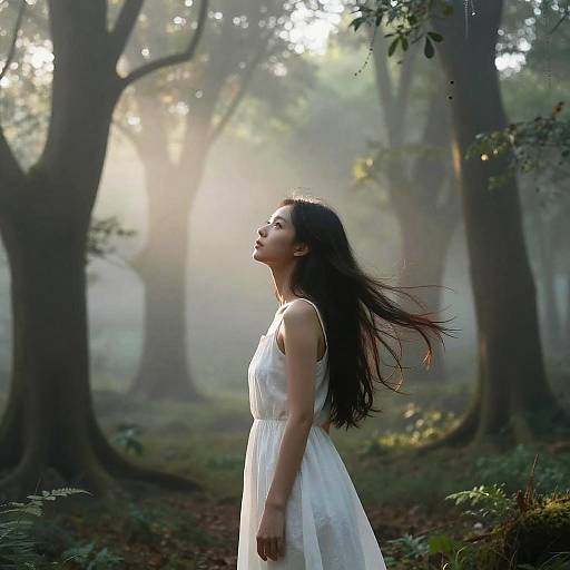 Serene Woman in Misty Forest