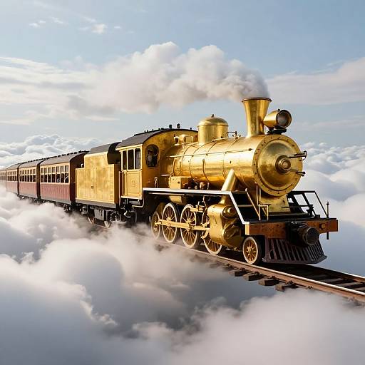 Golden steam locomotive with smoke billowing, flying above clouds on tracks, against a bright blue sky with scattered white clouds.