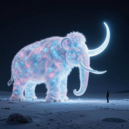 Photograph of a glowing, illuminated woolly mammoth with vibrant blue, pink, and white lights, standing on a snowy plain at night, with