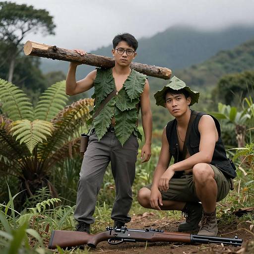 Two men in jungle with rifle and wooden log