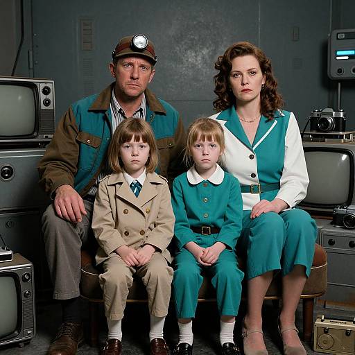 Photograph of 1950s family: father in miner hat, mother in green dress, two daughters in matching outfits, vintage TV set background.