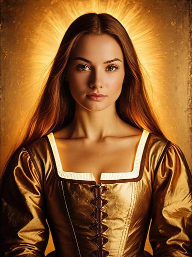 Woman in golden medieval-inspired dress with glowing halo