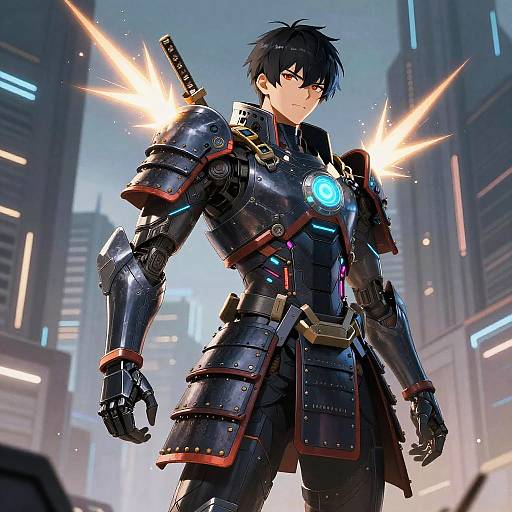 Digital anime-style drawing of a young, black-haired man in futuristic, black samurai armor with glowing blue accents, standing in a neon-lit city