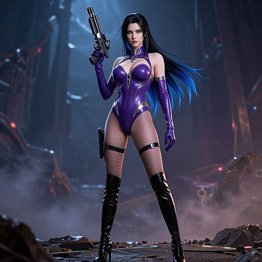 CGI image of a fierce, dark-haired woman in a shiny purple bodysuit, fishnet stockings, and black boots, holding a gun in