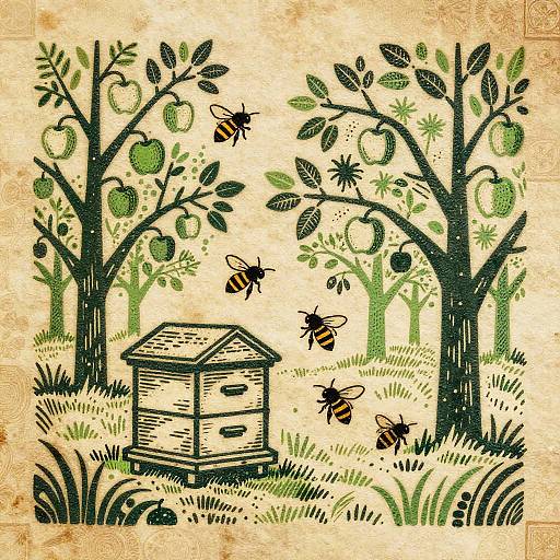 Woodcut Carpenter Bees in Orchard